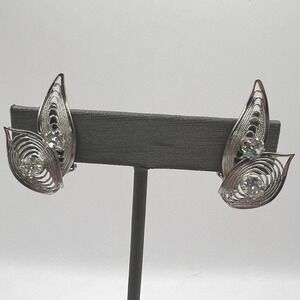 Vintage Clip On Earrings Silver Tone Open Metal Work Clear Rhinestone Germany
